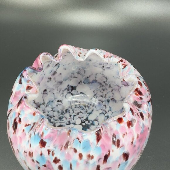Czech Art Glass Rose Bowl Dish Hand Blown Multicolor Spots Bowl Ruffled Edges - Picture 4 of 14